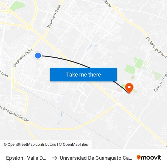 Epsilon - Valle Dorado II to Universidad De Guanajuato Campus León map