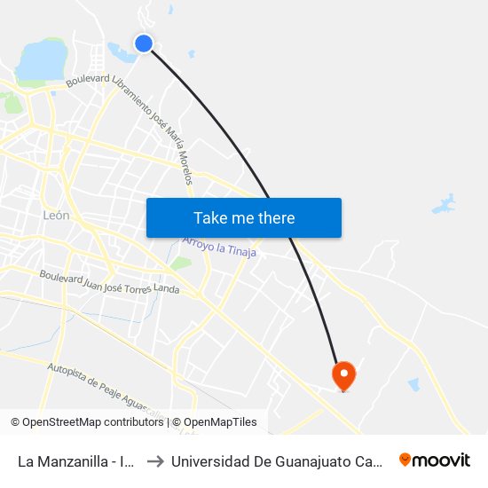 La Manzanilla - Ibarrilla to Universidad De Guanajuato Campus León map