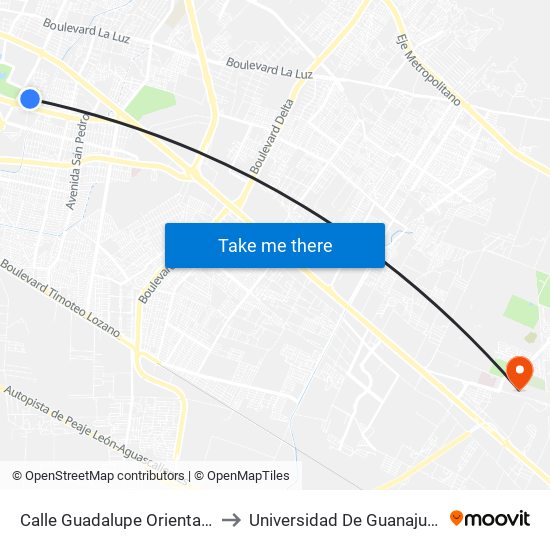 Calle Guadalupe Oriental 807 - La Oriental to Universidad De Guanajuato Campus León map