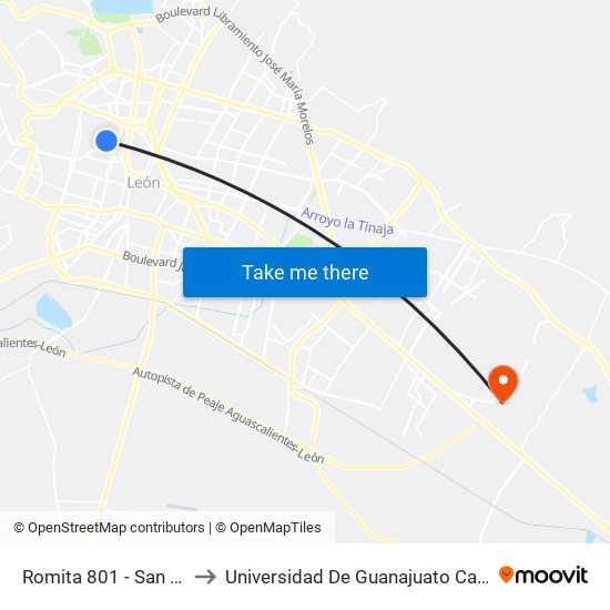 Romita 801 - San Antonio to Universidad De Guanajuato Campus León map