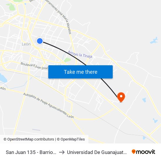 San Juan 135 - Barrio Del Coecillo to Universidad De Guanajuato Campus León map