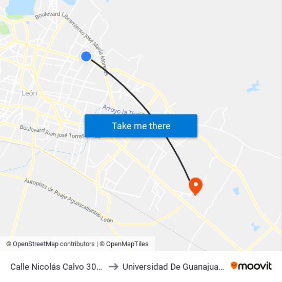 Calle Nicolás Calvo 3006 - Revolución to Universidad De Guanajuato Campus León map