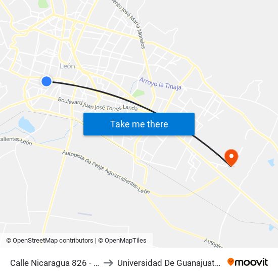 Calle Nicaragua 826 - Loma Bonita to Universidad De Guanajuato Campus León map