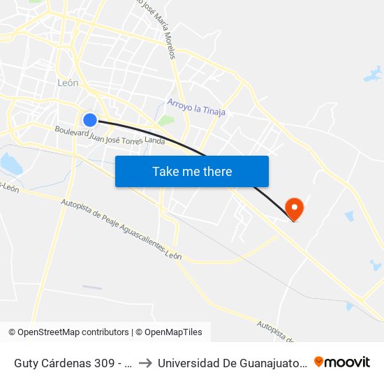Guty Cárdenas 309 - San Nicolas to Universidad De Guanajuato Campus León map