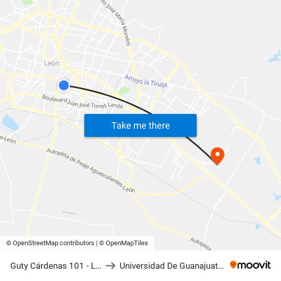 Guty Cárdenas 101 - León Moderno to Universidad De Guanajuato Campus León map