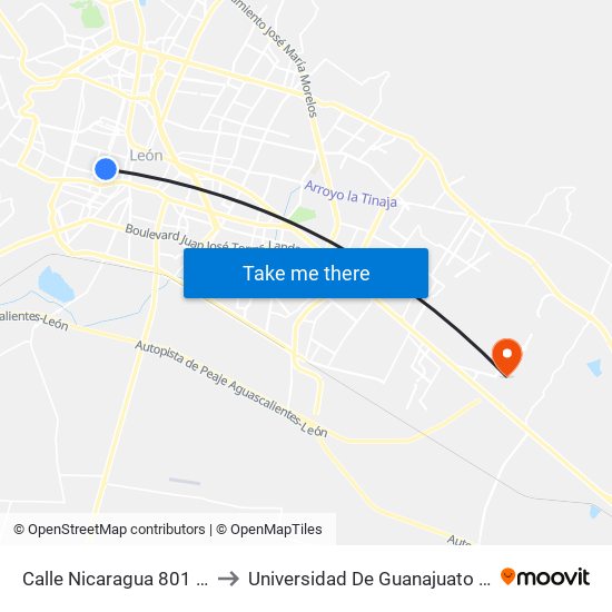 Calle Nicaragua 801 - Bellavista to Universidad De Guanajuato Campus León map