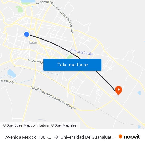 Avenida México 108 - La Moderna to Universidad De Guanajuato Campus León map