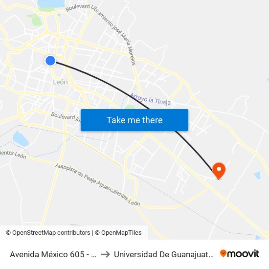 Avenida México 605 - Los Paraísos to Universidad De Guanajuato Campus León map