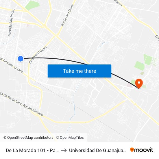 De La Morada 101 - Parques La Noria to Universidad De Guanajuato Campus León map