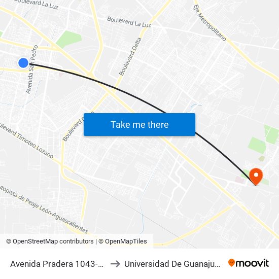 Avenida Pradera 1043-1065 - La Azteca to Universidad De Guanajuato Campus León map