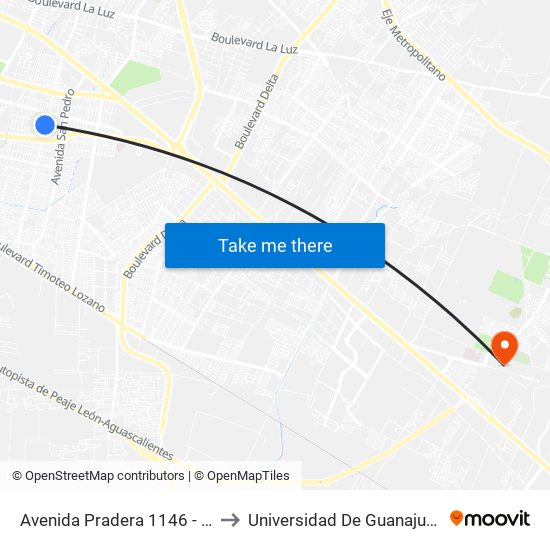 Avenida Pradera 1146 - 1160 - La Azteca to Universidad De Guanajuato Campus León map