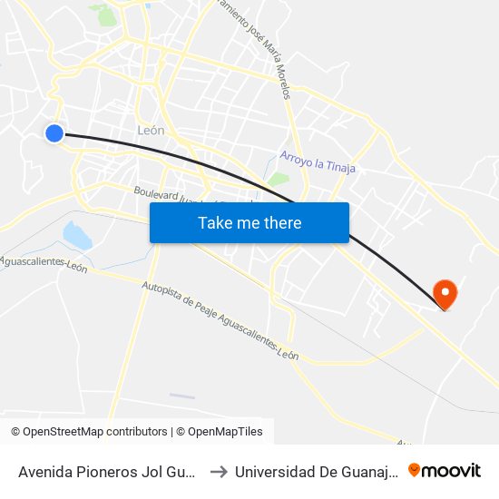Avenida Pioneros Jol Gua Ber 240 - Jolguaber to Universidad De Guanajuato Campus León map