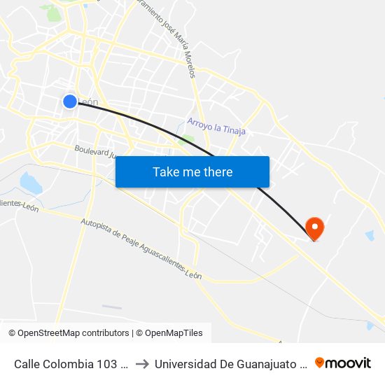 Calle Colombia 103 - Bellavista to Universidad De Guanajuato Campus León map