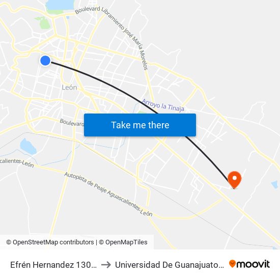 Efrén Hernandez 1305 - Granada to Universidad De Guanajuato Campus León map