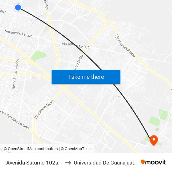 Avenida Saturno 102a - Los Ángeles to Universidad De Guanajuato Campus León map