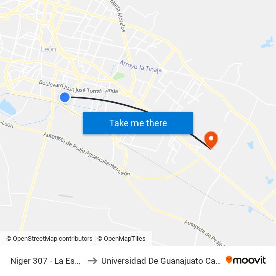 Niger 307 - La Escondida to Universidad De Guanajuato Campus León map