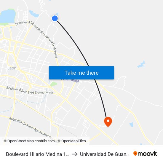 Boulevard Hilario Medina 112c - Lomas De La Selva to Universidad De Guanajuato Campus León map
