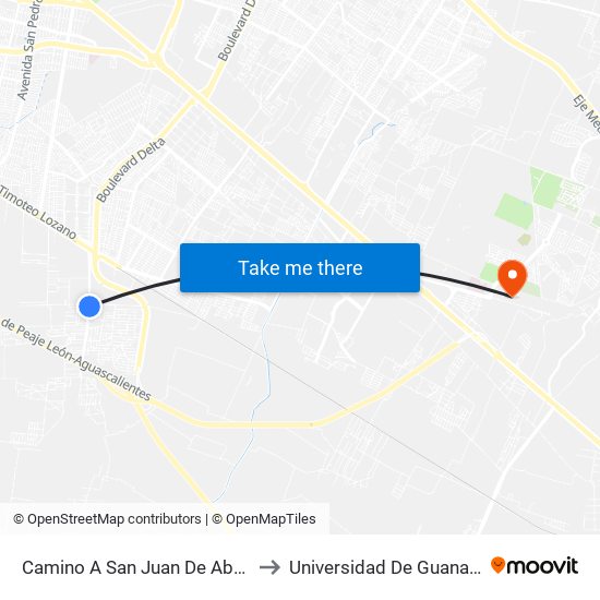 Camino A San Juan De Abajo - San Juan De Abajo to Universidad De Guanajuato Campus León map