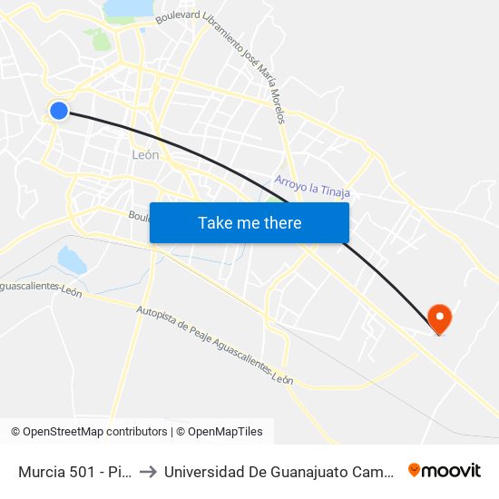 Murcia 501 - Piletas to Universidad De Guanajuato Campus León map
