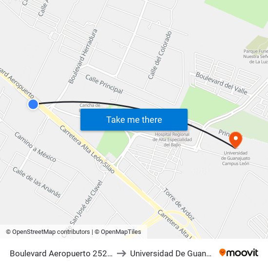 Boulevard Aeropuerto 2524 - Campestre El Álamo to Universidad De Guanajuato Campus León map
