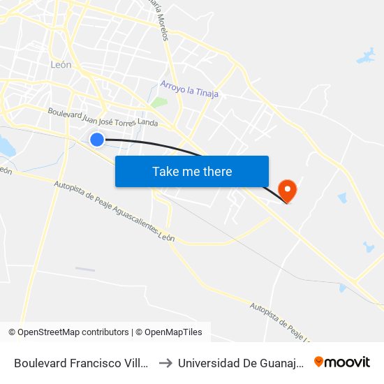 Boulevard Francisco Villa 1308 - El Granjeno to Universidad De Guanajuato Campus León map