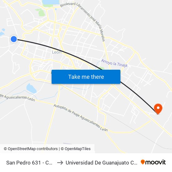 San Pedro 631 - Colina Real to Universidad De Guanajuato Campus León map