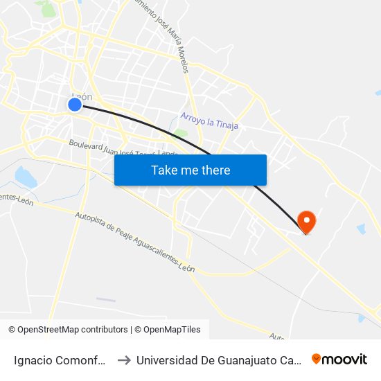 Ignacio Comonfort, 301 to Universidad De Guanajuato Campus León map