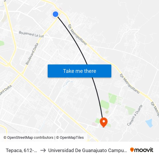 Tepaca, 612-618 to Universidad De Guanajuato Campus León map