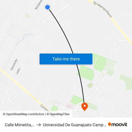 Calle Mimetita, 320 to Universidad De Guanajuato Campus León map