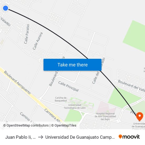 Juan Pablo Ii, 225 to Universidad De Guanajuato Campus León map