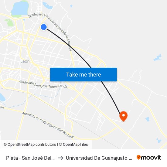 Plata -  San José Del Consuelo to Universidad De Guanajuato Campus León map