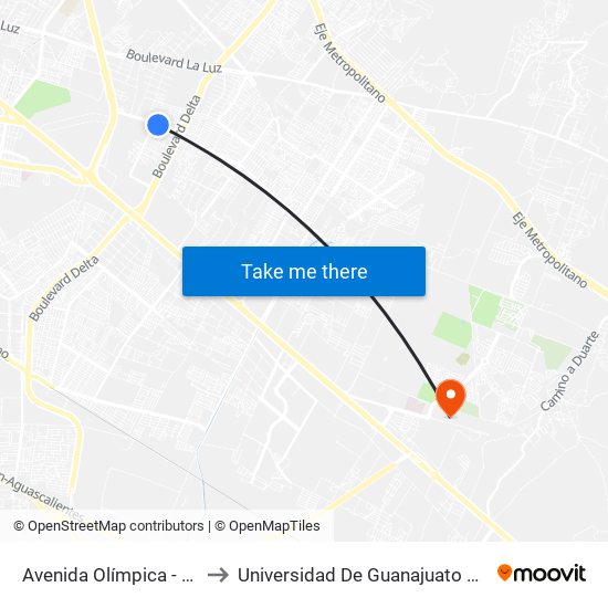 Avenida Olímpica  -  Agua Azul to Universidad De Guanajuato Campus León map