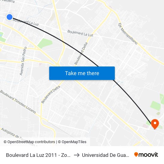 Boulevard La Luz 2011 -  Zona Oficinas Administrativas to Universidad De Guanajuato Campus León map