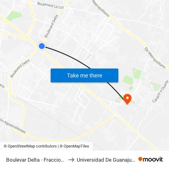 Boulevar Delta -  Fracciones De Santa Julia to Universidad De Guanajuato Campus León map