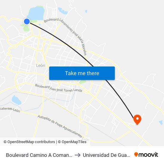 Boulevard Camino A Comanja -  Balcones Del Campestre to Universidad De Guanajuato Campus León map