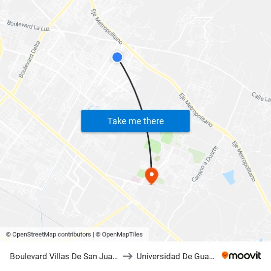 Boulevard Villas De San Juan 1015a -  Villas De San Juan to Universidad De Guanajuato Campus León map