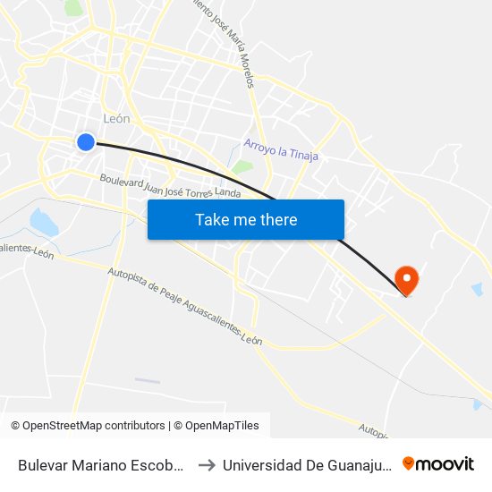 Bulevar Mariano Escobedo -  Loma Bonita to Universidad De Guanajuato Campus León map