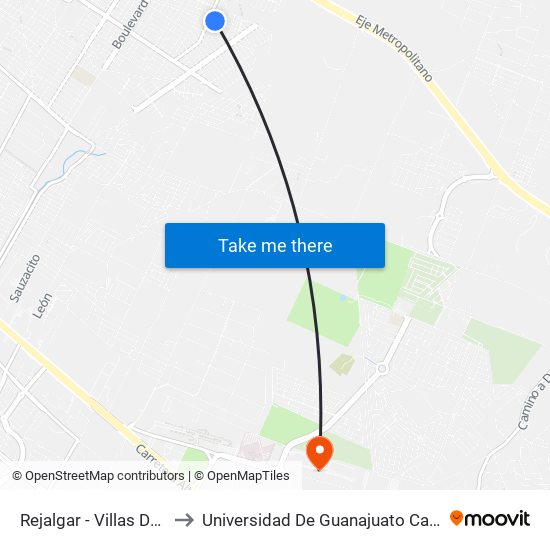 Rejalgar -  Villas De La Luz to Universidad De Guanajuato Campus León map