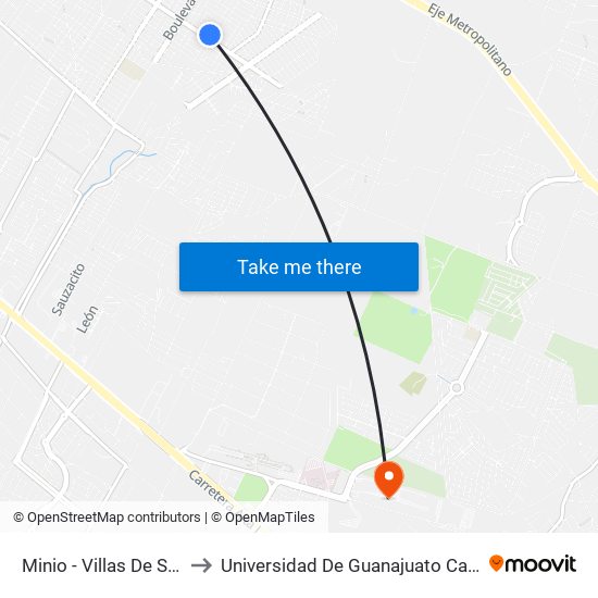 Minio -  Villas De San Juan to Universidad De Guanajuato Campus León map