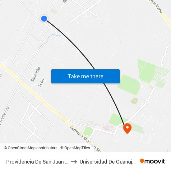 Providencia De San Juan - Villas De San Juan to Universidad De Guanajuato Campus León map