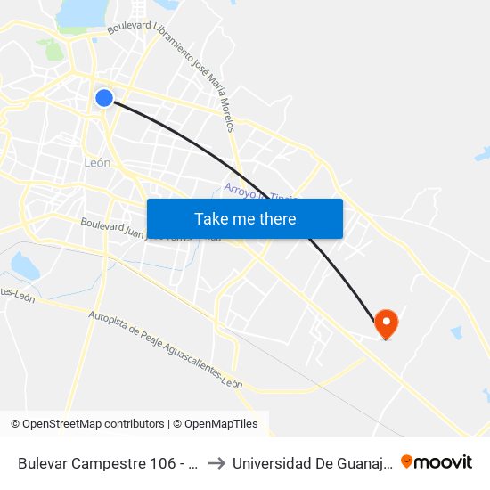 Bulevar Campestre 106 -  De Los Gómez Predio to Universidad De Guanajuato Campus León map