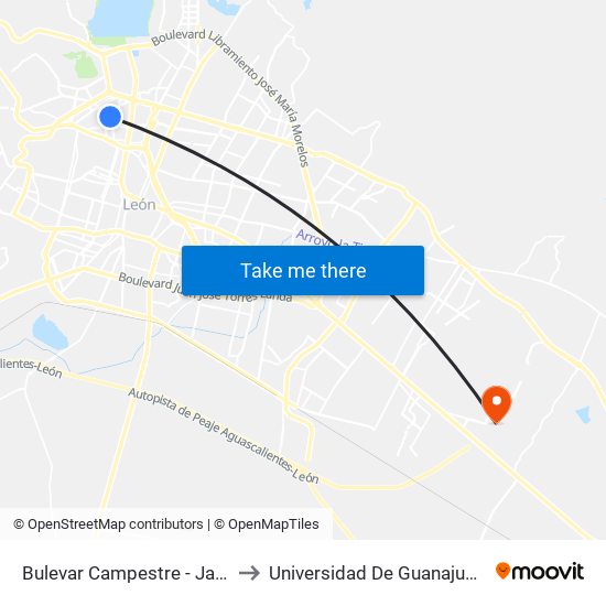 Bulevar Campestre -  Jardines Del Moral to Universidad De Guanajuato Campus León map