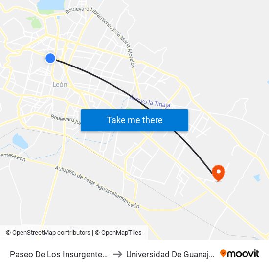 Paseo De Los Insurgentes 210 -  Los Paraísos to Universidad De Guanajuato Campus León map