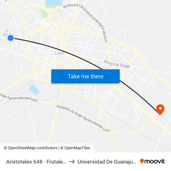 Aristóteles 648 - Frutales De La Hacienda to Universidad De Guanajuato Campus León map