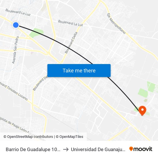 Barrio De Guadalupe 102 -  De Guadalupe to Universidad De Guanajuato Campus León map