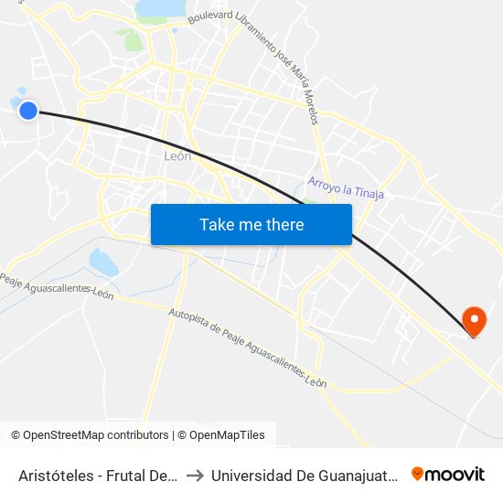 Aristóteles - Frutal De La Hacienda to Universidad De Guanajuato Campus León map
