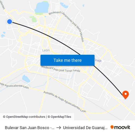 Bulevar San Juan Bosco -  Cañada Del Refugio to Universidad De Guanajuato Campus León map