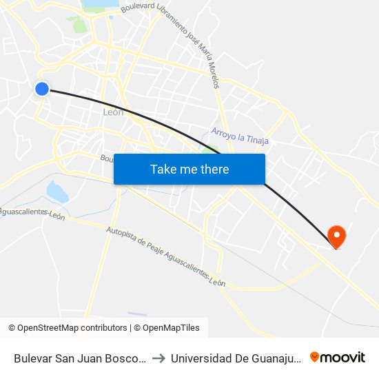 Bulevar San Juan Bosco -  Cima Diamante to Universidad De Guanajuato Campus León map
