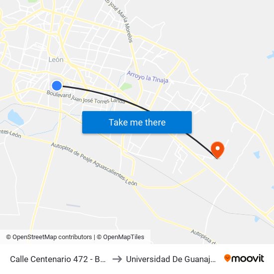 Calle Centenario 472 -  Barrio De San Miguel to Universidad De Guanajuato Campus León map