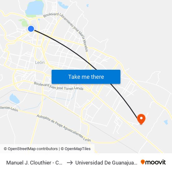 Manuel J. Clouthier -  Centro Comercial to Universidad De Guanajuato Campus León map